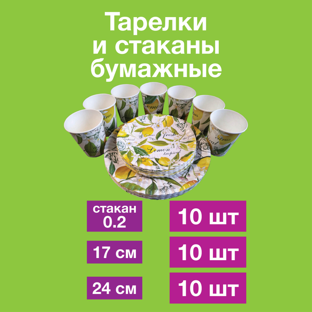 Набор для праздника одноразовые бумажные тарелки и стаканы, картон, 100% целлюлоза, д17 см 10шт+д24см #1