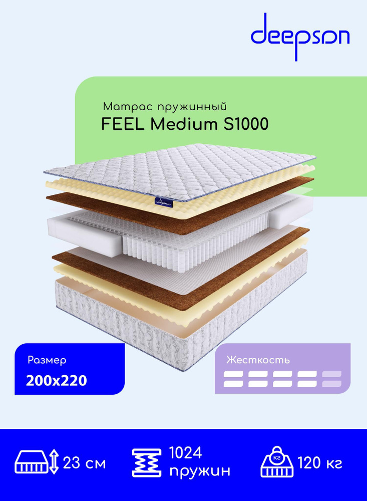 Матрас Deepson FEEL Medium S1000 средней жесткости, двуспальный, пружинный, на кровать 200x220  #1