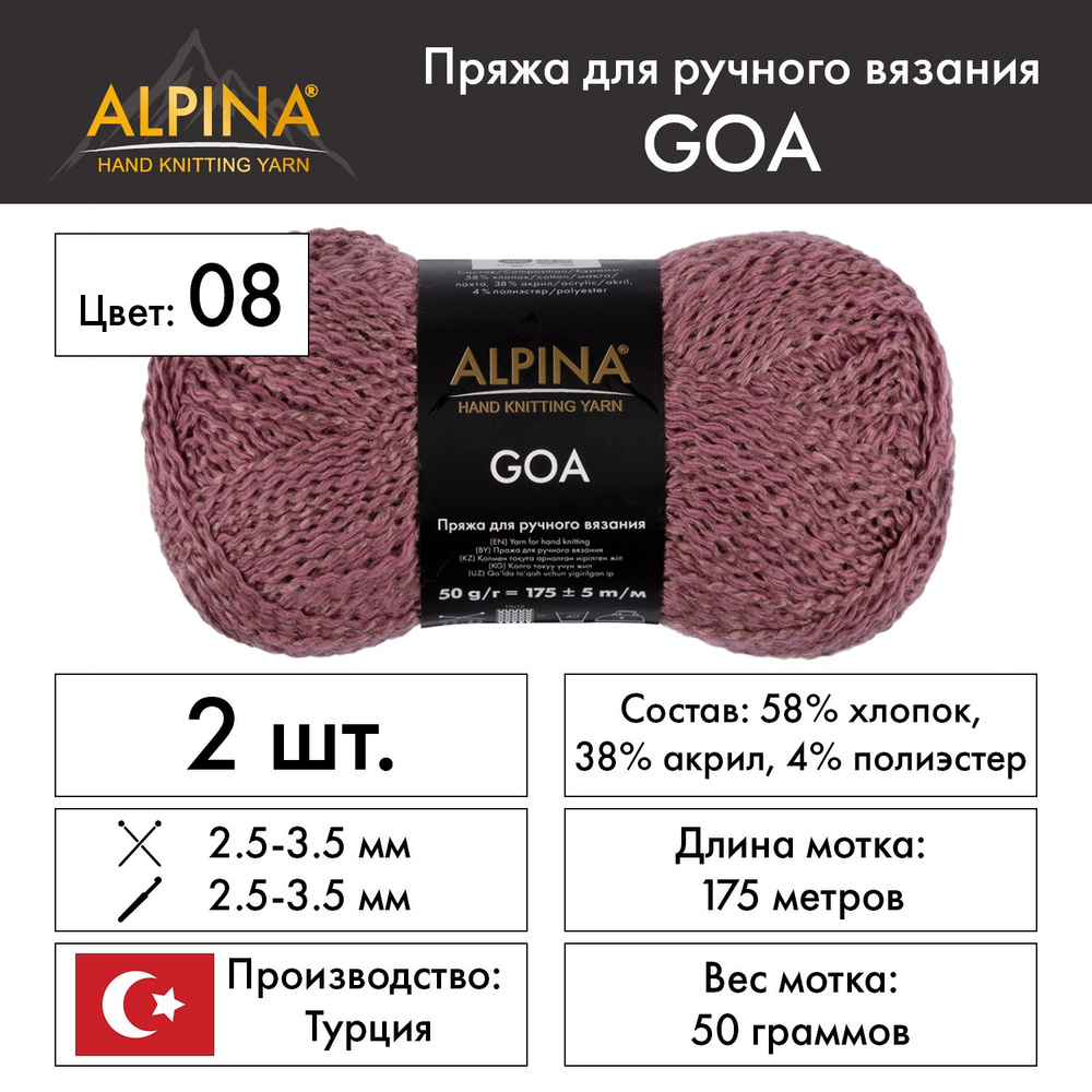 Пряжа "Alpina" "GOA" 58% хлопок,38% акрил,4% полиэстер 2х50 г,175 м №08 лиловый  #1