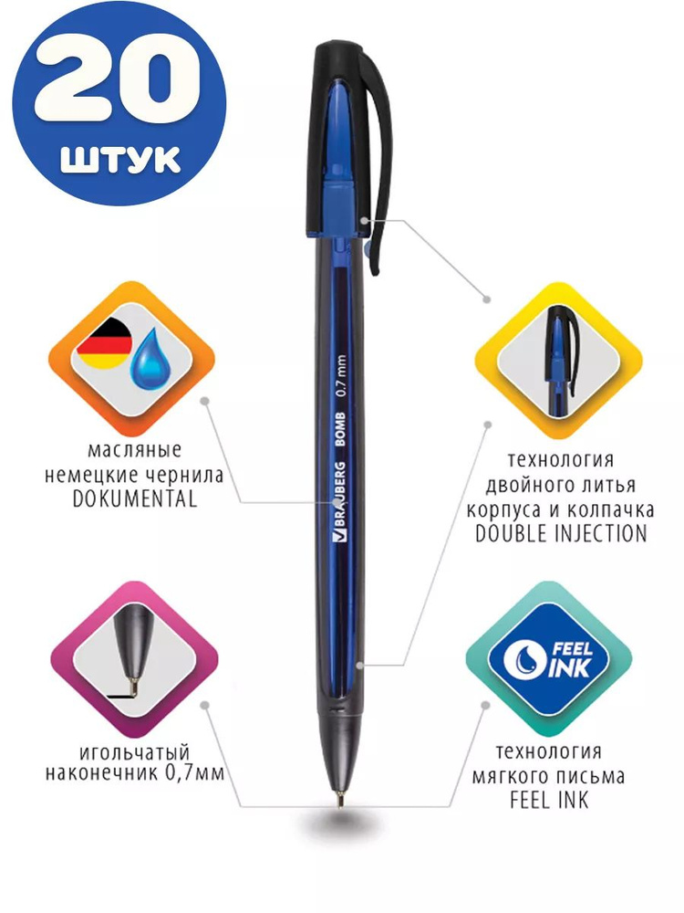 Brauberg Ручка Шариковая, толщина линии: 0.35 мм, цвет: Синий, 20 шт.  #1