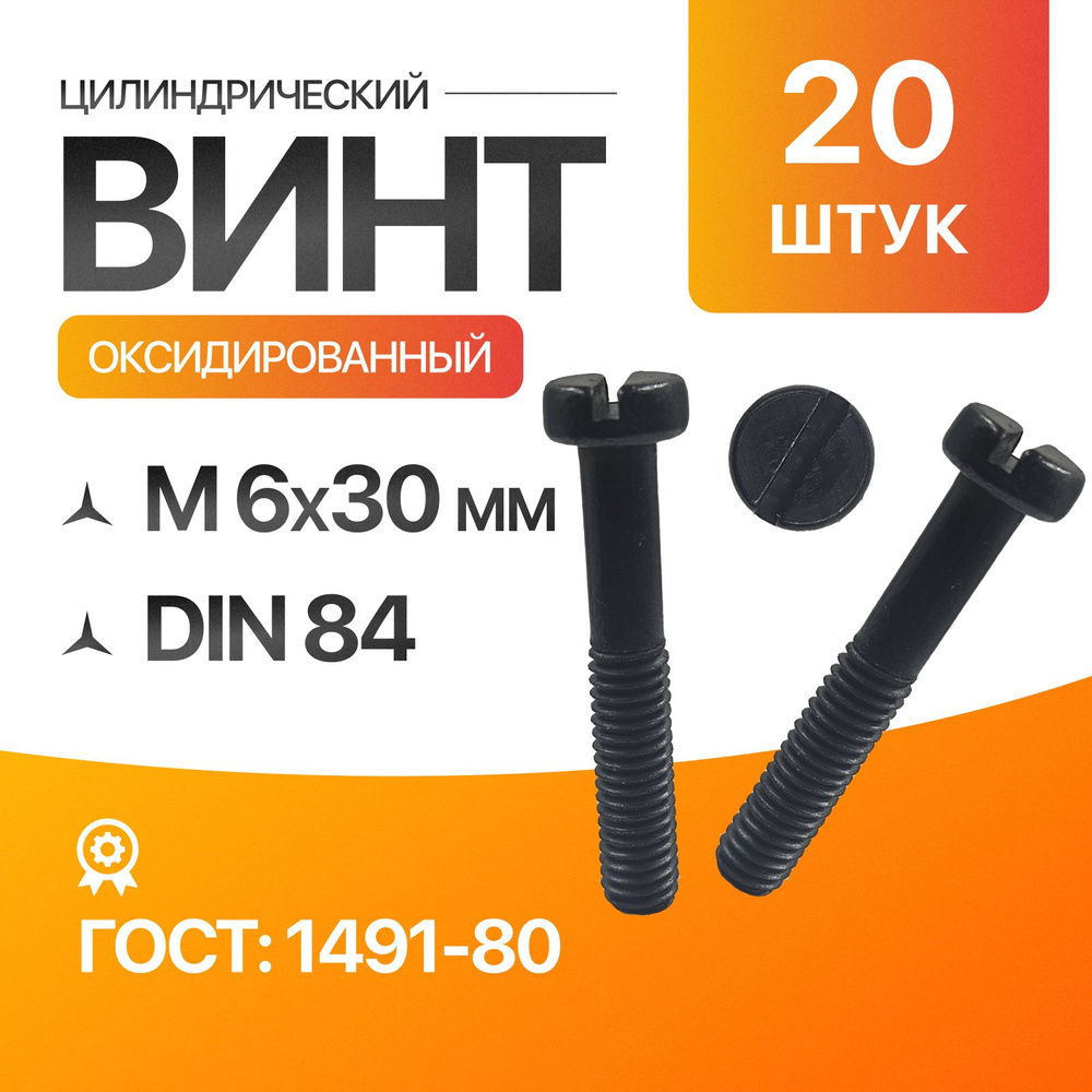 Винт цилиндрический, прямой шлиц 6х30 Оксидированный ГОСТ 1491-80 DIN 84 20шт  #1