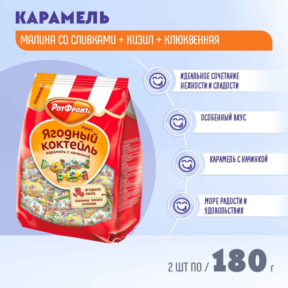 Карамель Ягодный коктейль микс (Малина со сливками + Клюквенная + Кизил) 2 шт по 180 грамм Рот Фронт #1