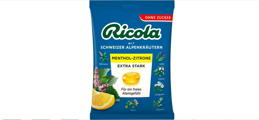 Ricola Menthol- Zitrone Extra Stark Конфеты-леденцы Рикола с лимоном и ментолом, альпийскими травами #1