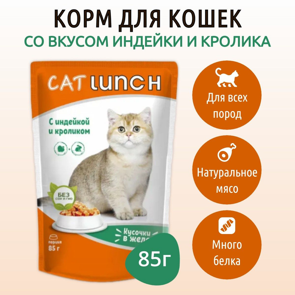 Влажный корм CAT LUNCH 85 г для кошек Индейка и кролик кусочки в желе, в пауче  #1