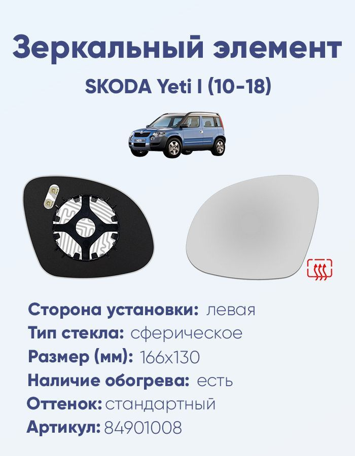 Зеркальный элемент левый SKODA Yeti I (10-18) сфера нейтральный с обогревом  #1