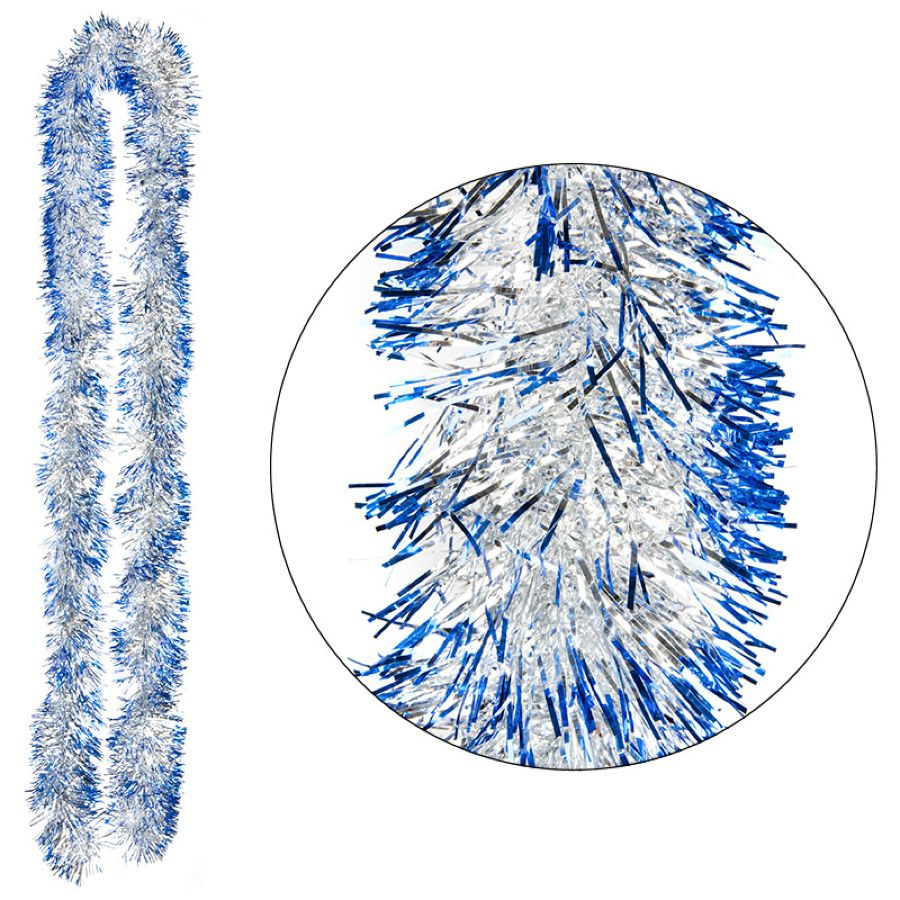 Мишура Волшебная Страна новогодняя, из ПЭТ, серебряная с синей окантовкой, 2м / товары для праздников #1
