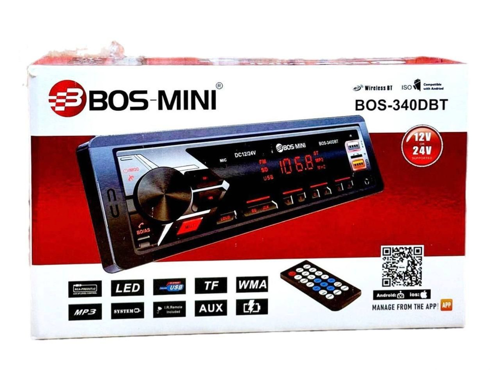 Автомагнитола BOS MINI BOS-340 BT 12 - 24 В с Bluetooth USB AUX поддержка 12V и 24V, 1 DIN с Bluetooth #1