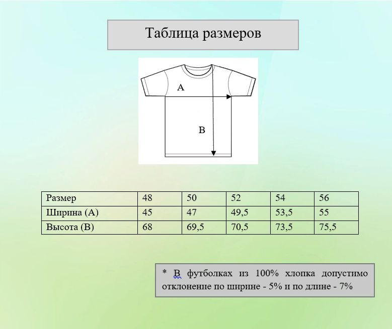 Каждый носит футболку по-своему. Поэтому при выборе изделия лучше измерить футболку, которая уже имеется в Вашем гардеробе, и результаты подставить к нашей таблице.