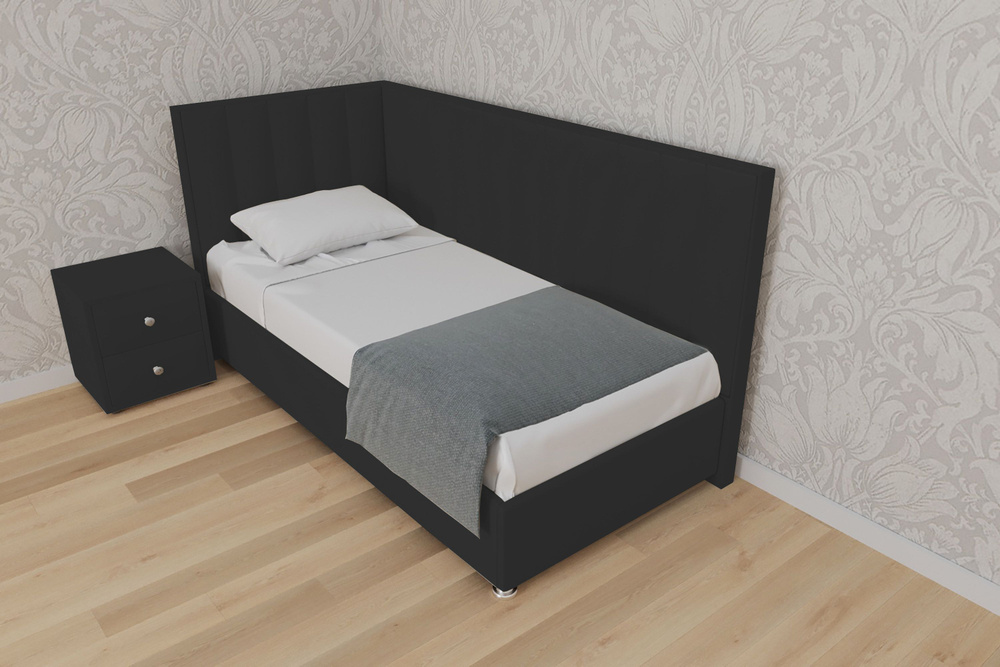 Односпальная кровать Сочи 90x200 основание металлическое с ламелями велюр черный ножки 5 см угол правый #1