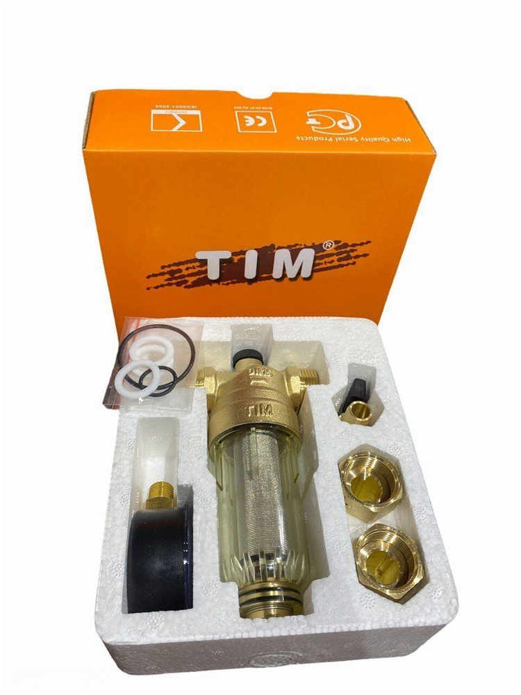 Фильтр механической очистки Tim JH-1002 муфтовый (НР/НР), латунь, со сливом, с манометром бронза Ду 15 #1
