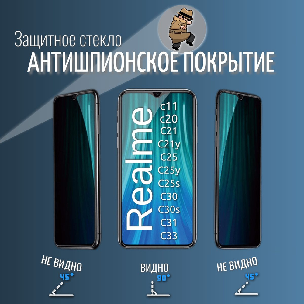 Антишпион стекло на Realme.Рилми олеофобное покрытие, полный клей, Privacy, черная рамка  #1