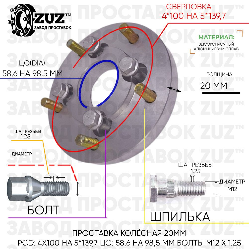 Проставка колёсная 1 шт 20мм 4*98 на 5*139,7 ЦО 58,6 на 98,5 Крепёж в комплекте Болт + Шпилька М12*1,25 #1