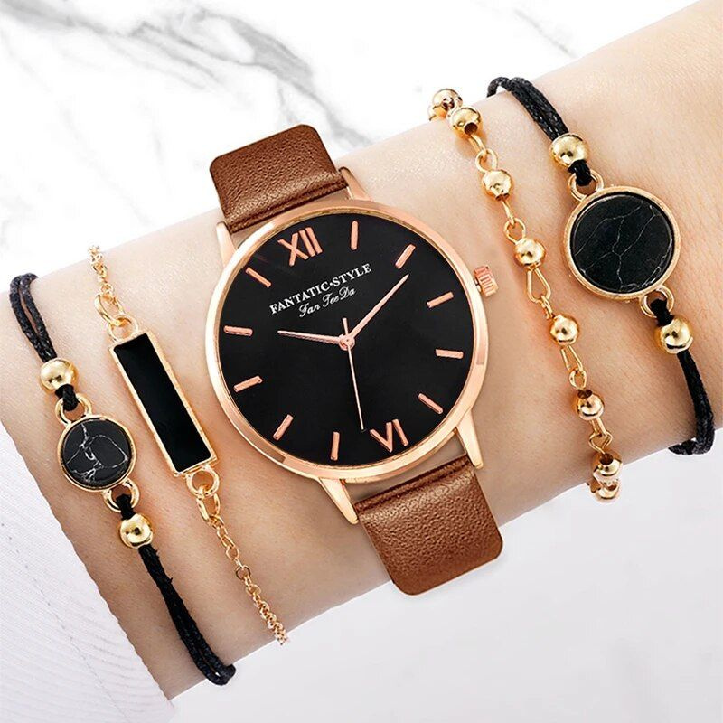 Женские наручные кварцевые часы с кожаным ремешком коричневые + 4 браслета  #1