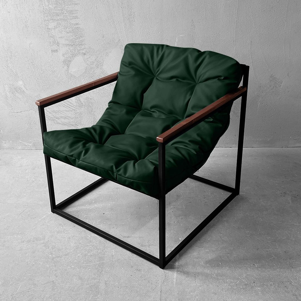 Кресло в стиле лофт Лофтовик комфи, Зеленый кожзам для гостиной, офиса ,кабинета, для отдыха , с подлокотниками, #1
