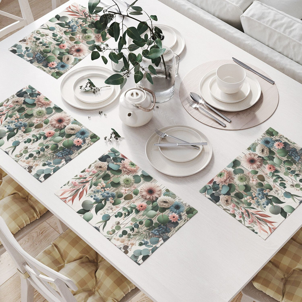 Салфетки на стол для сервировки прямоугольные, плейсмат "Нежные цветы и эвкалипт" JoyArty, 32x46 см, #1