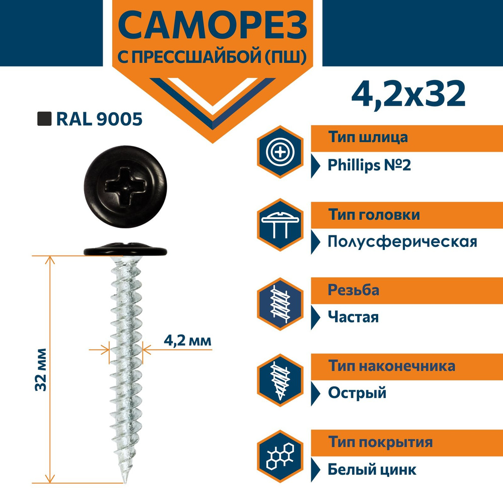 Саморез Rizzel ПШ с прессшайбой острый 4,2х32 RAL 9005 (500 шт) #1