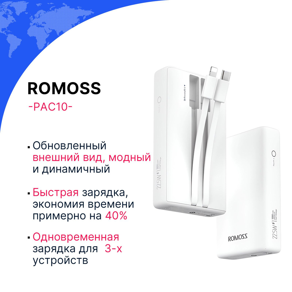 Внешний аккумулятор Romoss PAC10, быстрая зарядка 22.5W, 10000mAh, Легкий и портативный,белый  #1