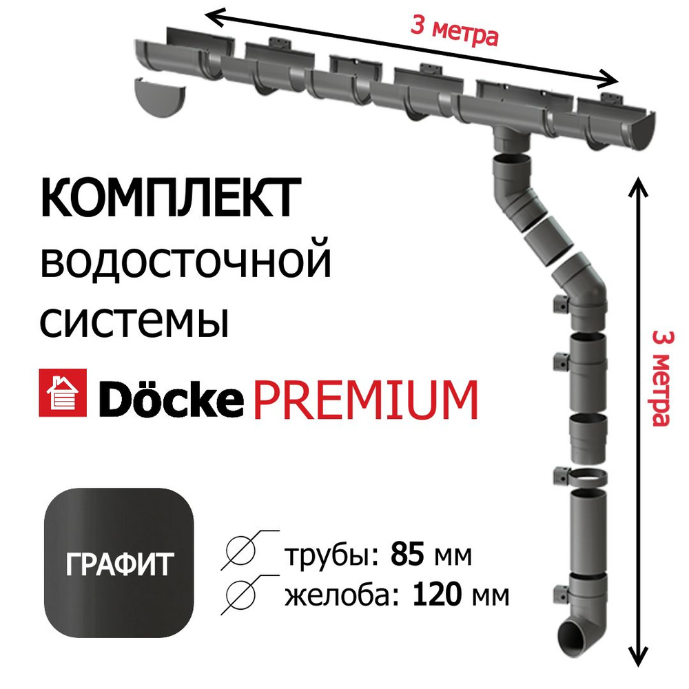 Водосточная система, Docke Premium, 3м/3м, RAL 7024, цвет графит, водосток на крышу дома пластиковый. #1