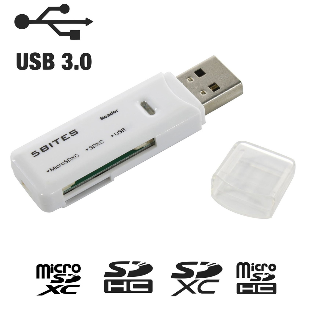 Картридер USB3.0, SD, microSD, TF, SDHC, SDXC, белый, 5bites RE3-200WH #1