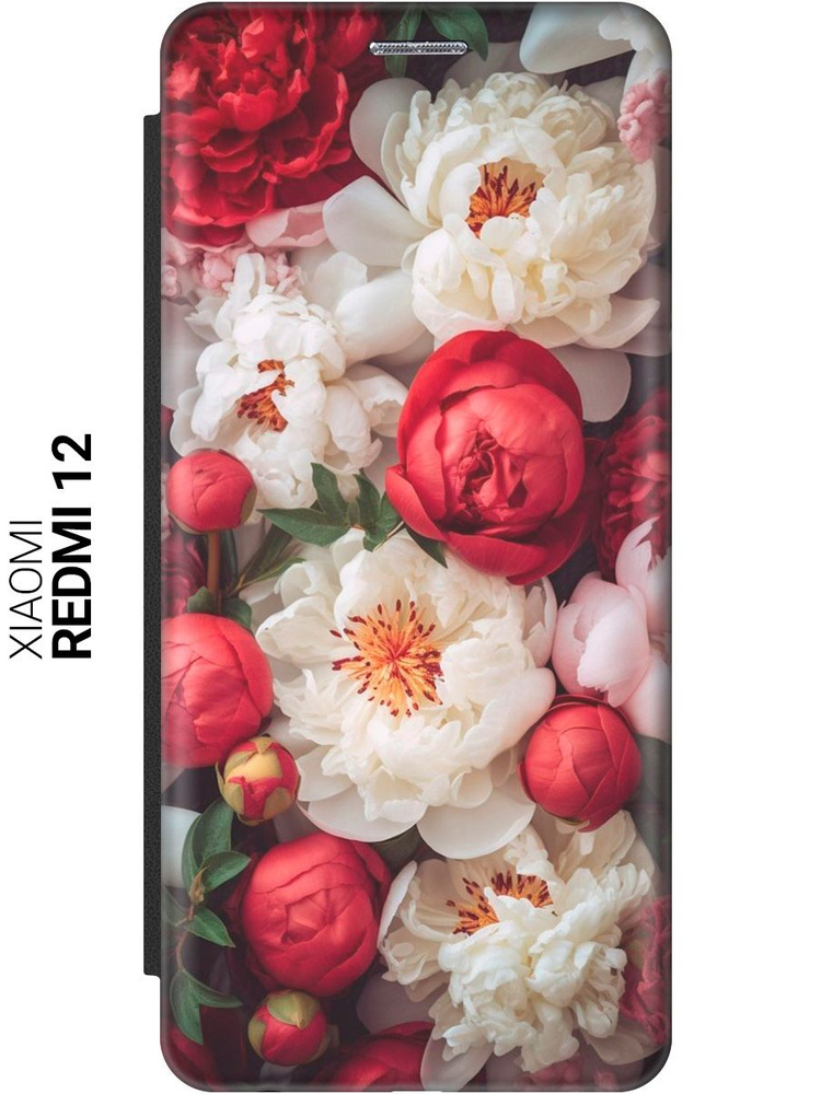 Чехол-книжка на Xiaomi Redmi 12 / Сяоми Редми 12 с рисунком "Бело-красные пионы" черный  #1