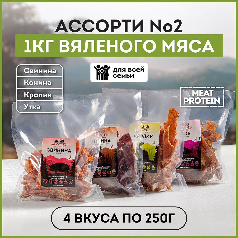 Вяленое мясо Ассорти 2 1 кг (4 пакета по 250 гр) Свинина, Конина, Кролик, Утка  #1