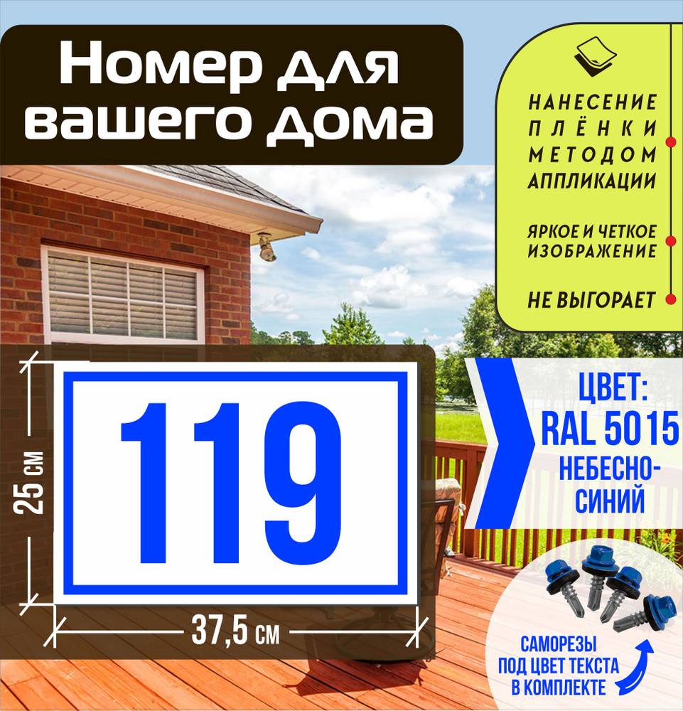 Адресная табличка на дом с номером 119 RAL 5015 синяя #1
