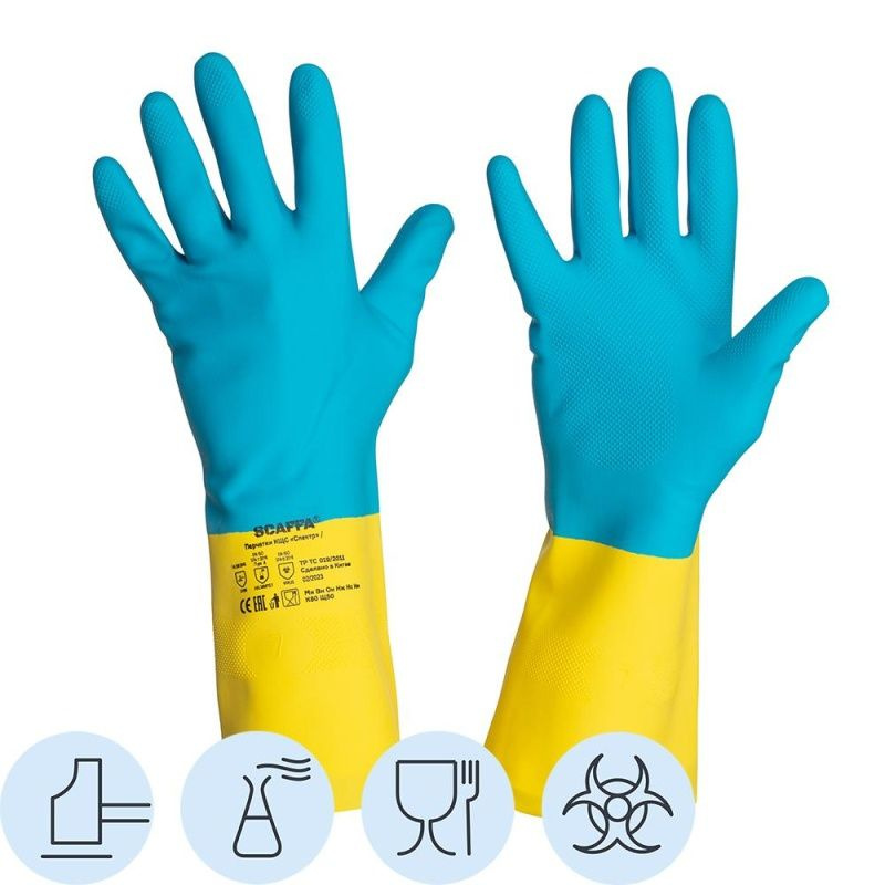Защитные перчатки Scaffa "Спектр", Cem, L/N70, латекс, неопрен, КЩС, желто-синие, размер 10  #1