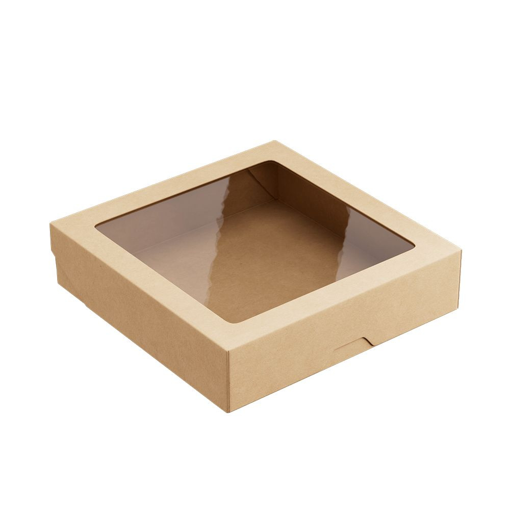 Крафт коробка с окном, сверхпрочная, 20x20x5 см., 1500 мл., набор 10 шт., упаковка пищевая для продуктов, #1