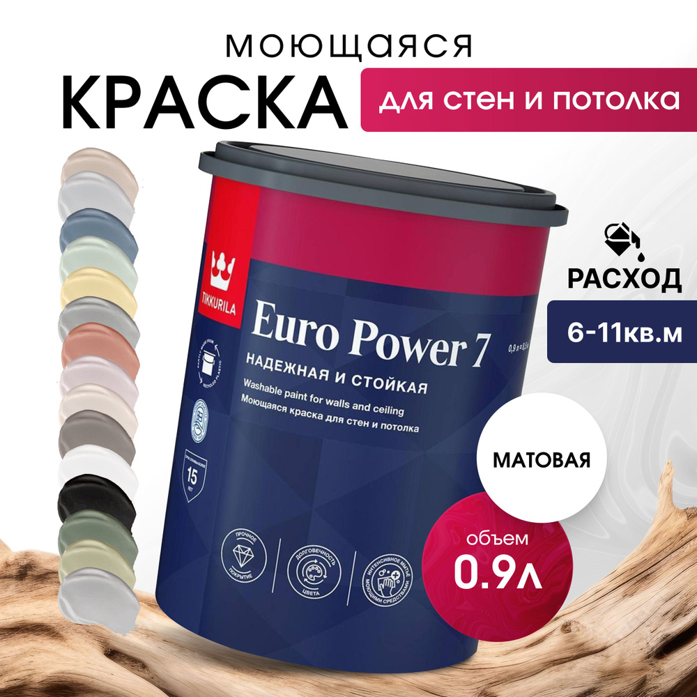 краска для стен, мебели Tikkurila Euro Power7 0,9л моющаяся матовая  #1