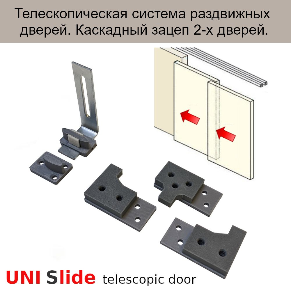 Телескопическая система раздвижных дверей. Каскадный зацеп 2-х дверей несинхронный.  #1
