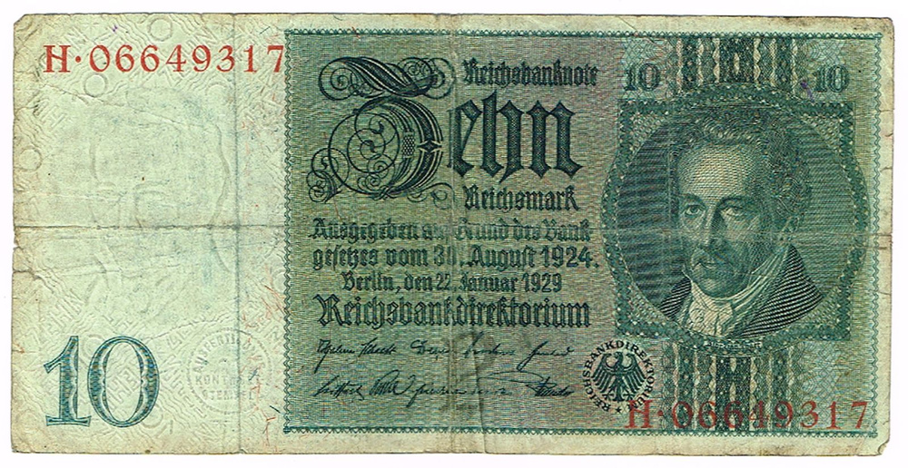 Банкнота 10 рейхсмарок 22 января 1929 г. H 06649317 Рейхсбанкнота Германии VF  #1