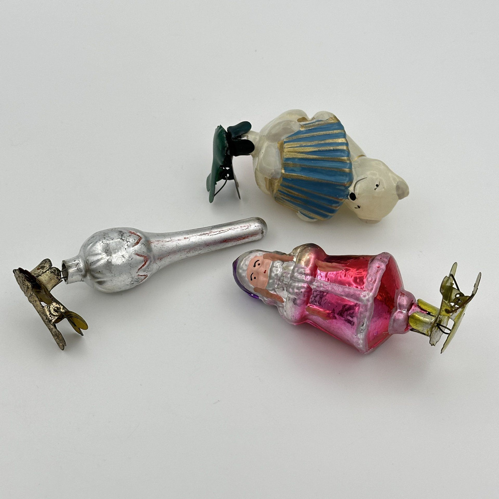 Набор из трёх ёлочных игрушек на прищепках в подборе, стекло, краска, металл, СССР, 1960-1990 гг.  #1
