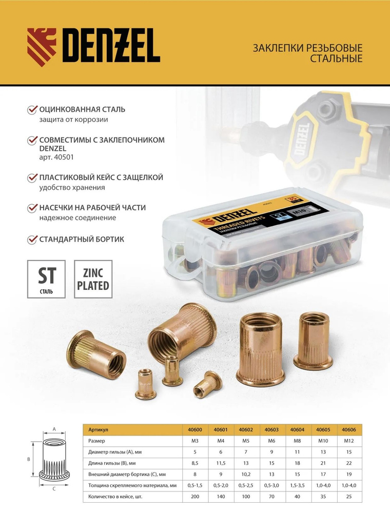 Заклепки резьбовые, стальные, оцинкованные, М12, пластиковый кейс, 25 шт. Denzel, арт. 40606  #1
