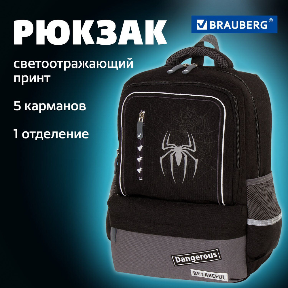 Рюкзак школьный для мальчиков ортопедический Brauberg Star, Spider, черный, 40х29х13 см  #1