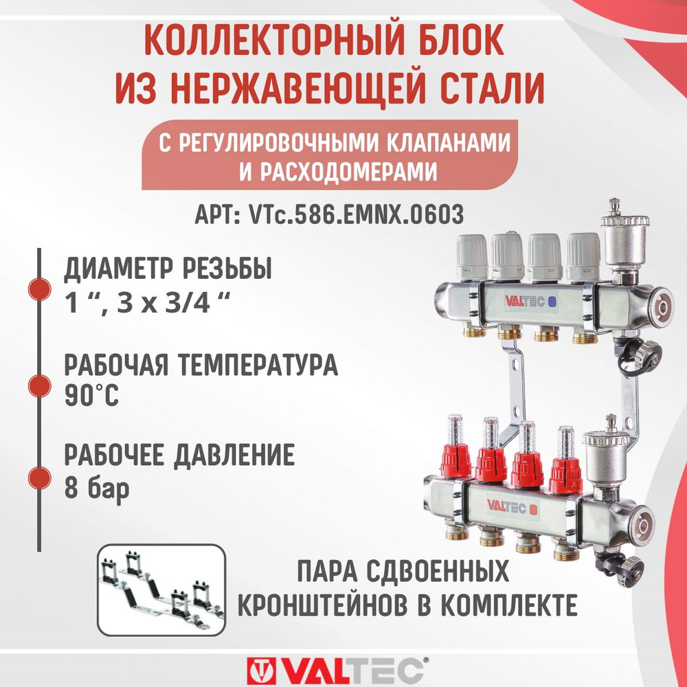 Коллектор НЕРЖ 3 вых. 3/4" с регул.клапанами, расходомерами VALTEC 90С, 8 бар, 1" / Распределительная #1