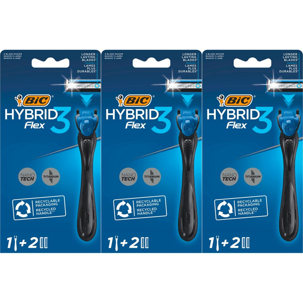 Бритвенный станок Bic Flex 3 Hybrid с ручкой и сменными кассетами 2 шт, комплект: 3 упаковки  #1