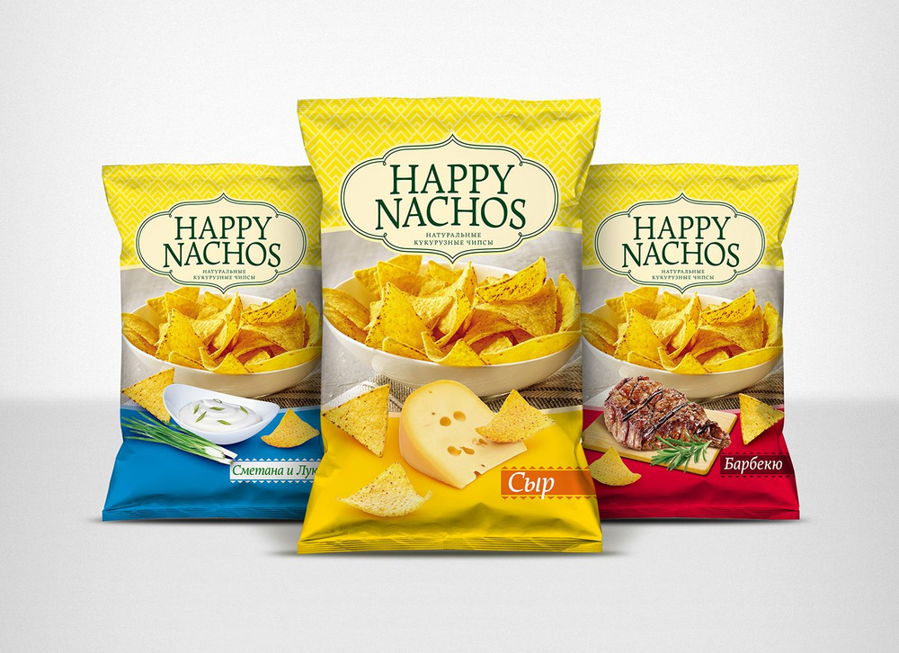 Чипсы кукурузные "Happy Nachos" со вкусом Сыра, Сметаны и лука, Барбекю 6 пачек по 150 гр., ассорти. #1