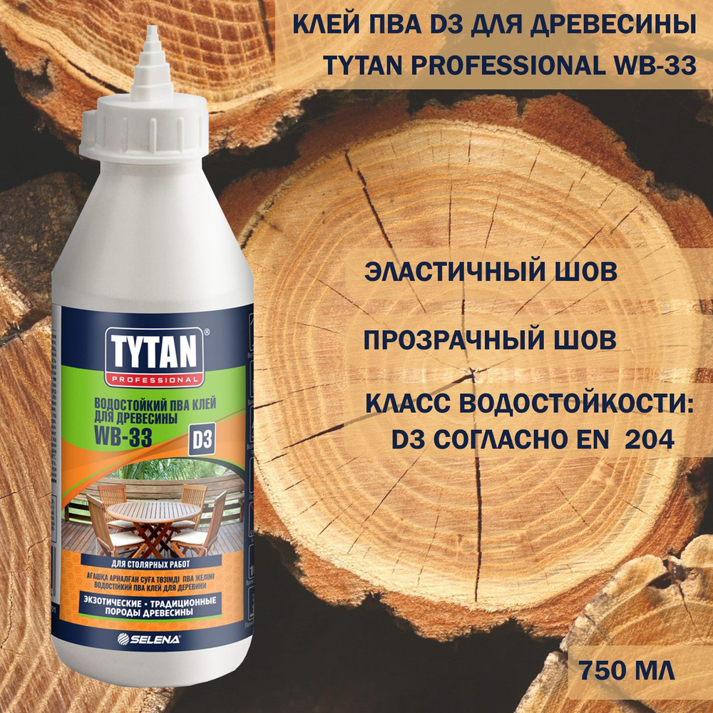 Клей ПВА D3 для древесины Tytan Professional WB-33 прозрачный 750 мл #1