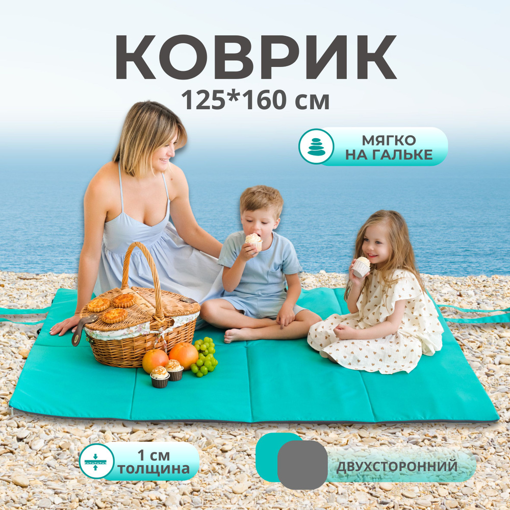 Пляжный коврик для гальки складной 160*125*1 см, туристический коврик, термоковрик Бирюза/серый  #1