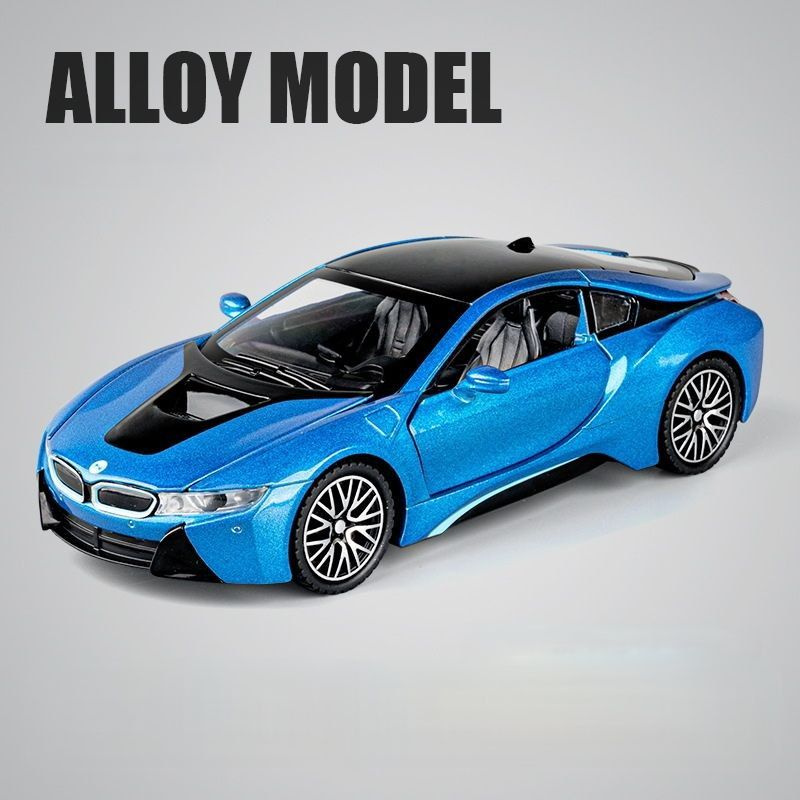 Коллекционная модель BMW i8 В ПОДАРОЧНОЙ УПАКОВКЕ Машинка металлическая инерционная 1:32 синяя, со светом #1