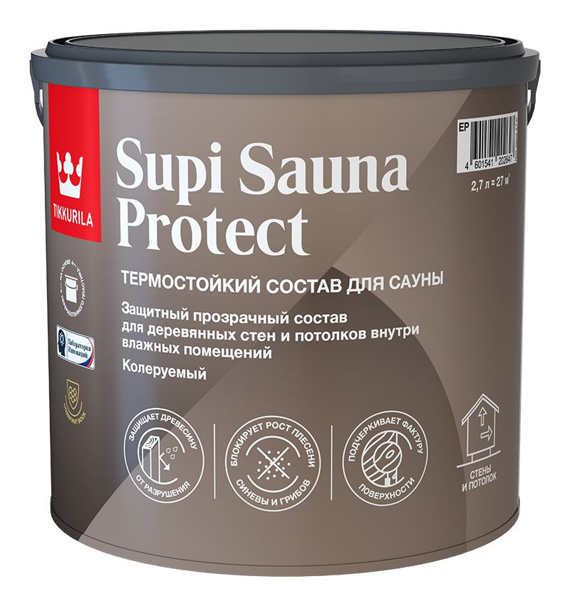 Состав защитный для стен и потолков TIKKURILA SUPI SAUNA PROTECT EP в бане и сауне п/мат (2,7л)  #1