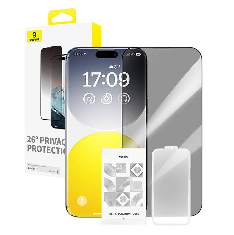 Защитное стекло Антишпион Baseus Tempered Glass Privacy iPhone 15 Pro / C рамкой, легкая установка (28 #1