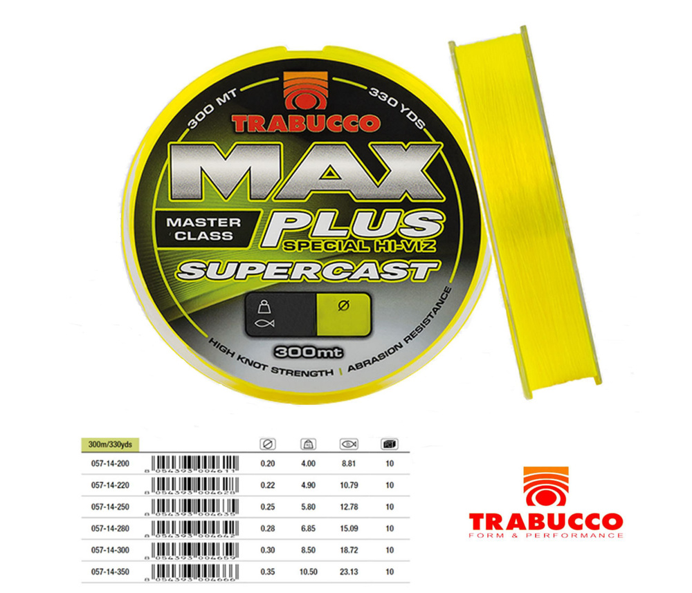 Леска монофильная флюоресцентная TRABUCCO Max Plus SUPERCAST 0.20мм 4.00кг 300м для морской рыбалки флуо #1