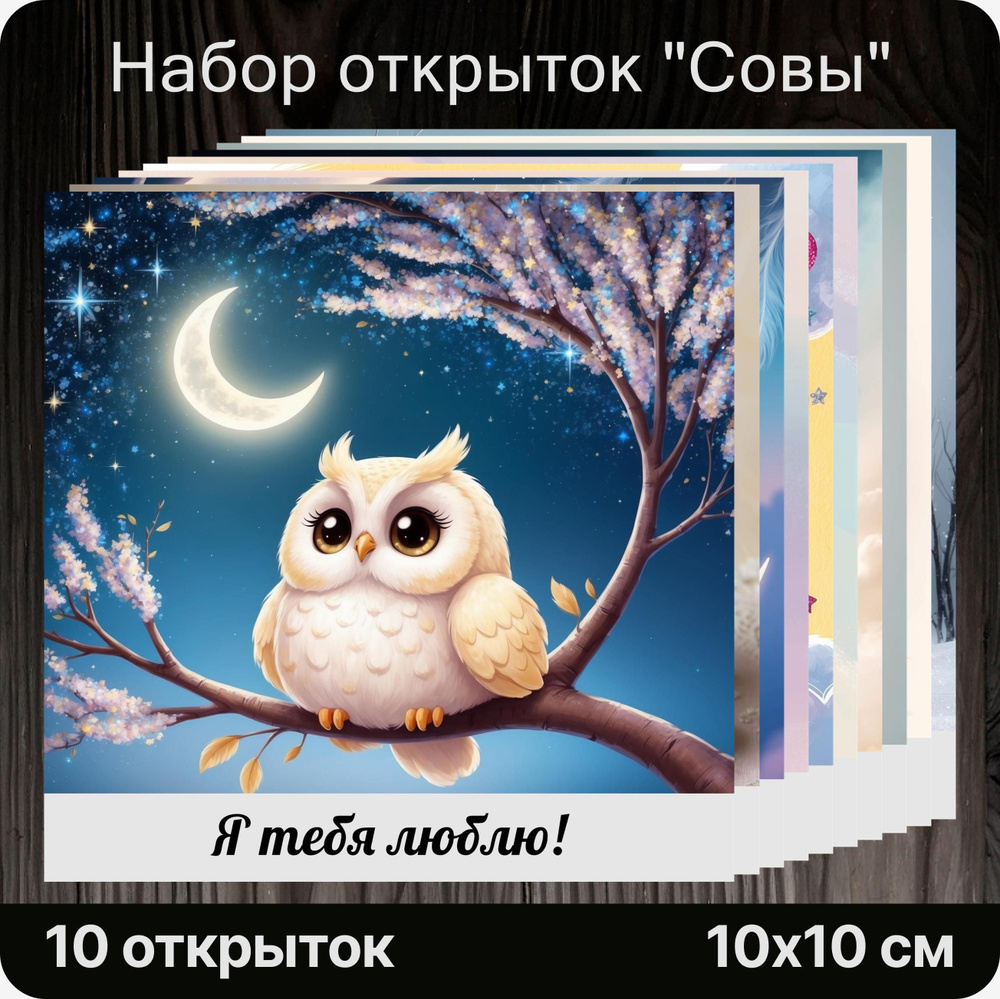 Дизайнерские открытки "Совы", 10 штук. Милые, праздничные, на подарок, сюрприз, к букету.  #1