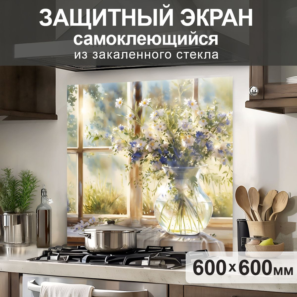 Защитный экран от брызг на плиту 600х600х4мм. Стеновая панель для кухни из закаленного стекла. Фартук #1