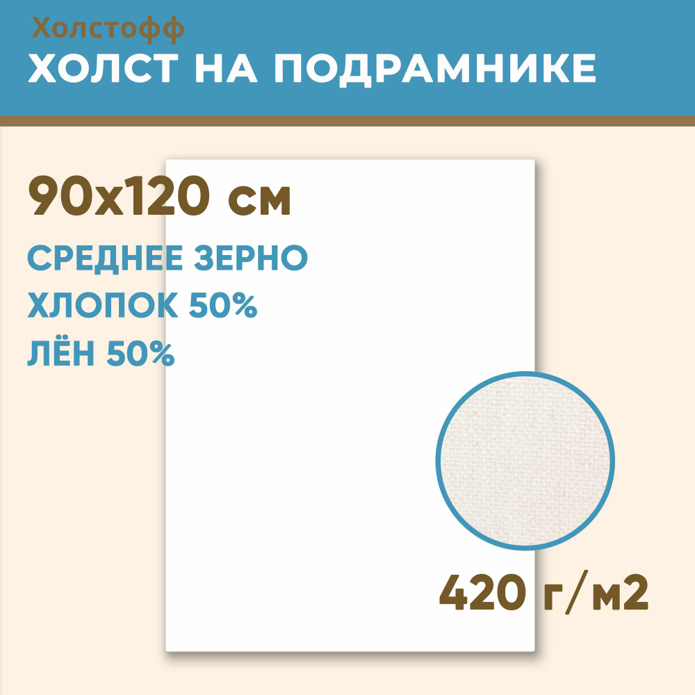 Холст грунтованный на подрамнике 90х120 см, 420 г/м2, лен 50%, хлопок 50%, среднее зерно, Холстофф  #1