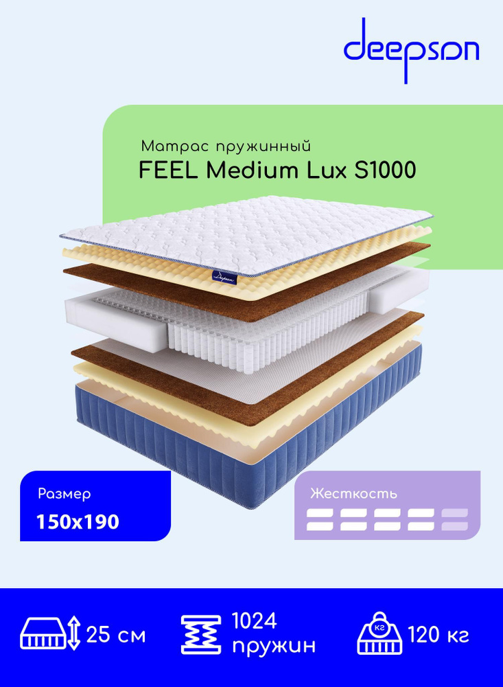 Матрас, ортопедический Deepson FEEL Medium LUX S1000 средней жесткости, Двуспальный, Беспружинный, На #1