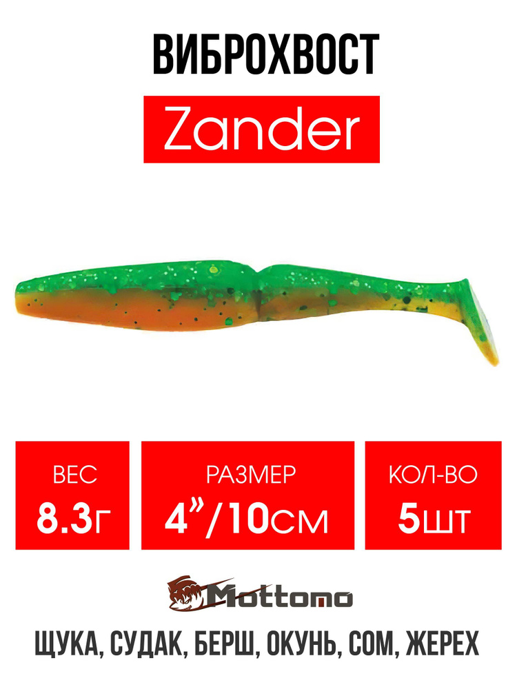 Мягкая приманка для рыбалки Mottomo Zander 10см Motor Oil Green Glitter набор 5 шт. Виброхвост на щуку,судака,окуня #1