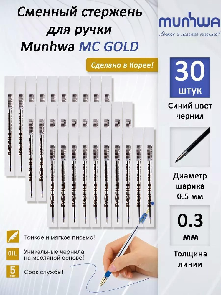 Стержень шариковый масляный MUNHWA MC Gold 142 мм синий, узел 0,5 мм, линия письма 0,5 мм, 30 ШТУК  #1