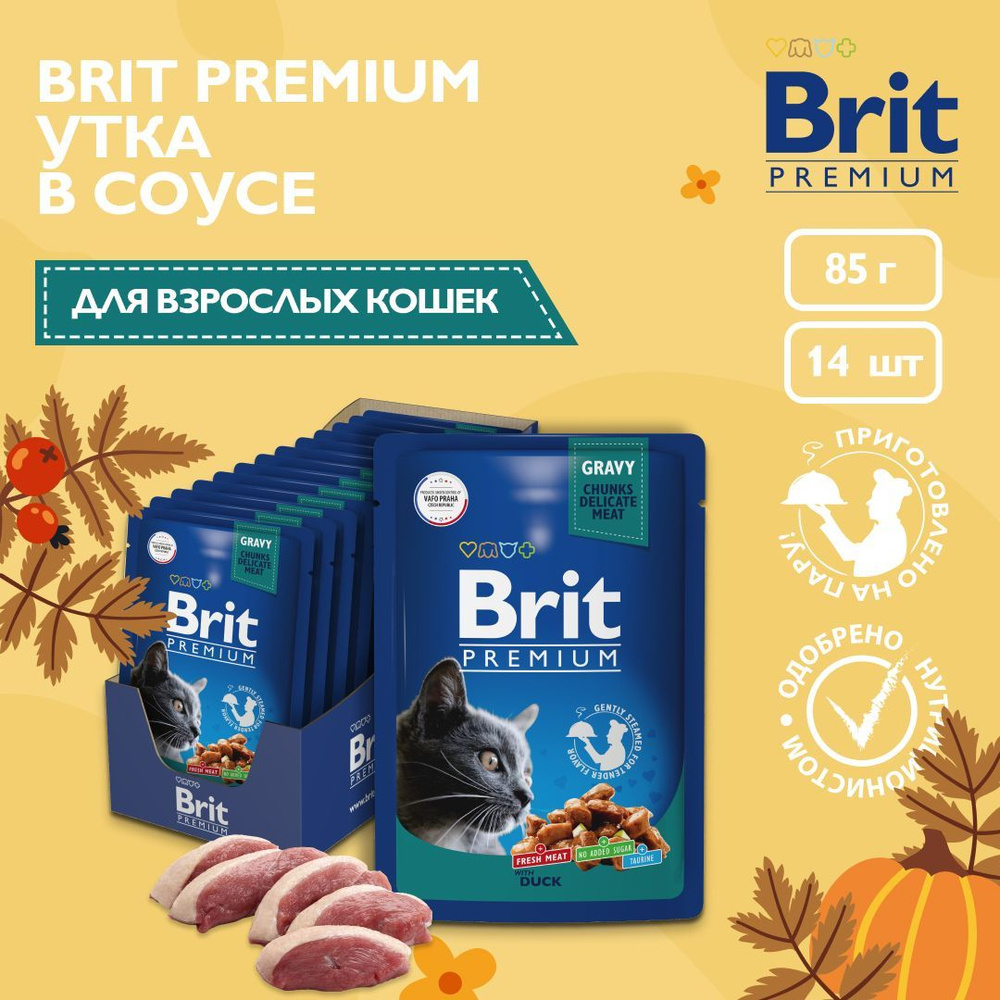 Влажный корм для взрослых кошек Brit Premium утка в соусе, 14 шт х 85 г  #1